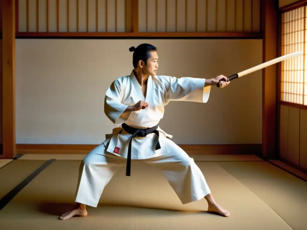 Un experimentado sensei de aikido en un gi blanco, ejecutando un movimiento preciso con un bokken en un dojo sereno