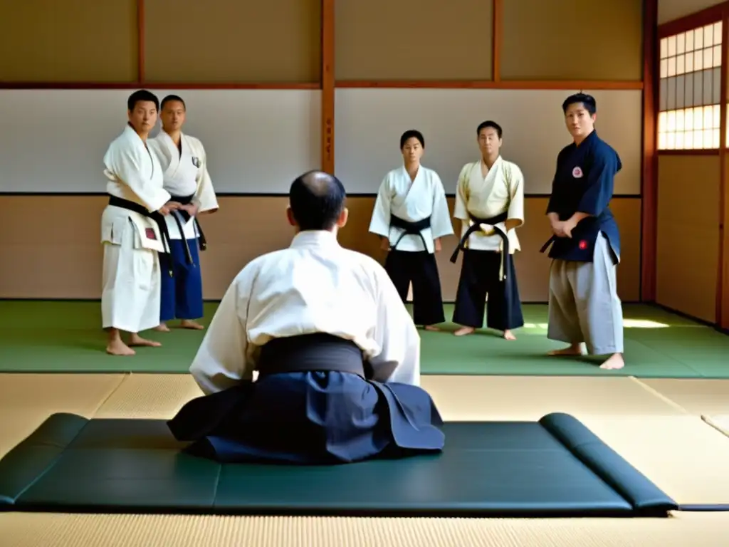 Un experimentado sensei de Aikido enseña técnicas fundamentales a principiantes en un tatami, creando una atmósfera serena y meditativa