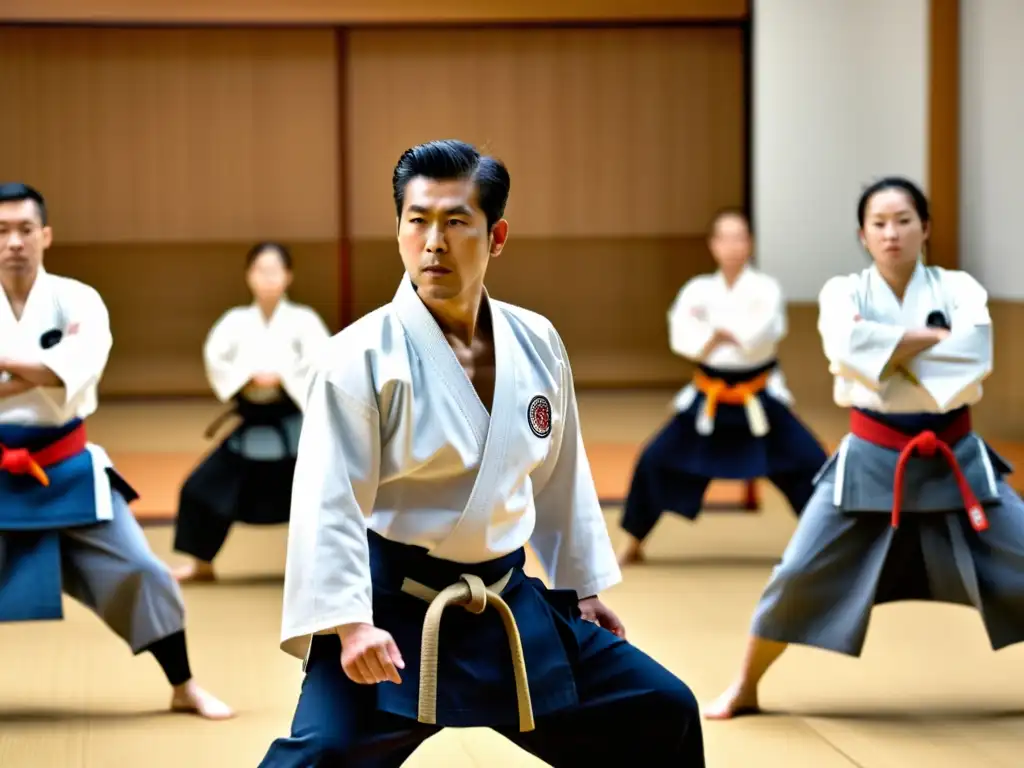 Un experimentado sensei de Aikido enseña técnicas fundamentales a principiantes en un dojo tradicional