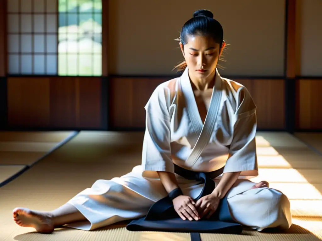 Experimentado sensei de Aikido en gi blanco tradicional demostrando la técnica precisa y fluida shihonage en un compañero de entrenamiento de madera