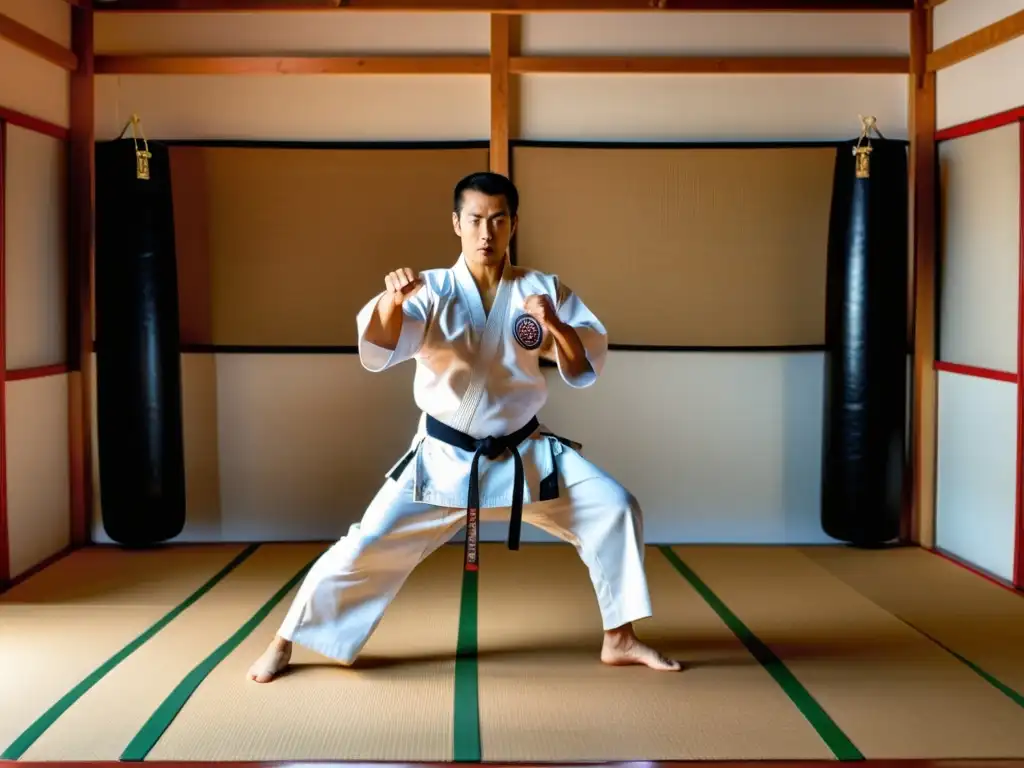 Un experimentado sensei de karate ejecuta una kata precisa y poderosa en un dojo tradicional, exudando determinación y concentración para mejorar la concentración y disciplina en el karate