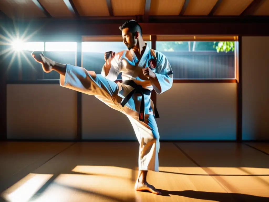 Un experimentado sensei en gi blanco tradicional de karate ejecutando un perfecto patada circular, con su cuerpo en una postura poderosa y enfocada