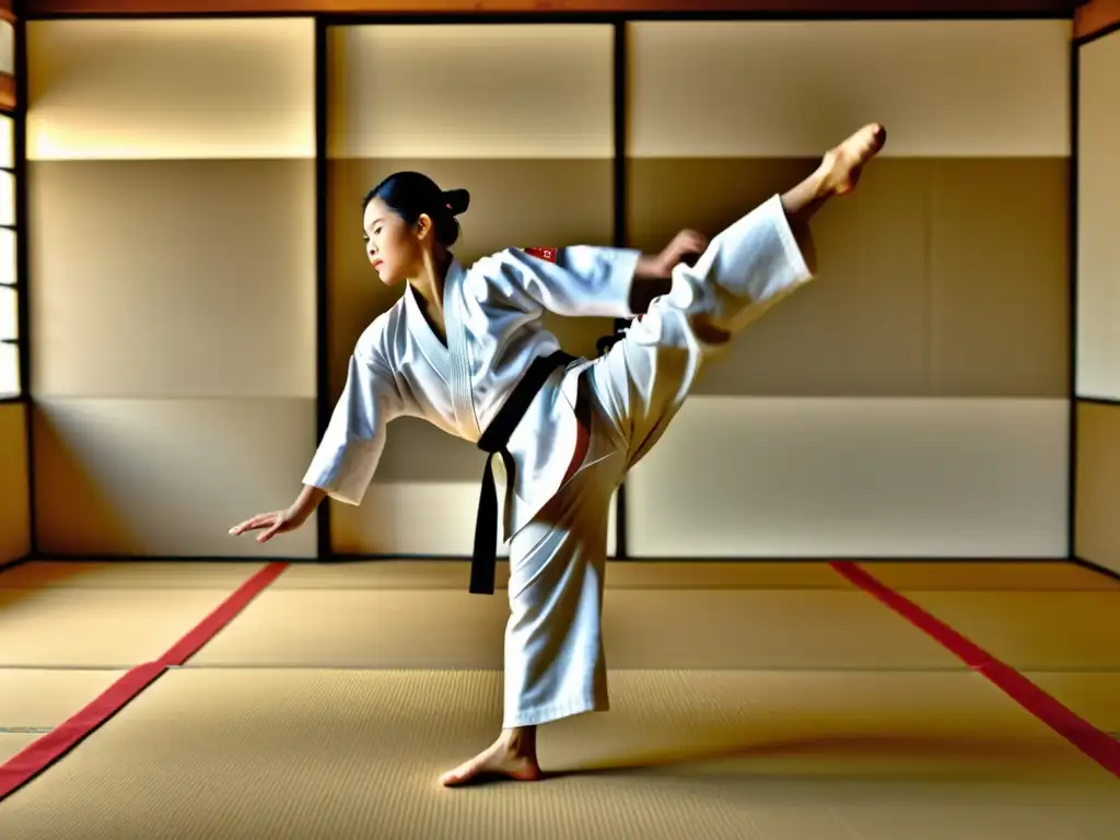 Un experto en Aikido muestra flexibilidad y coordinación en una patada alta, demostrando determinación y habilidad