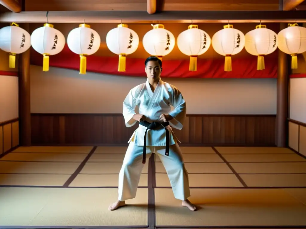 Un experto en artes marciales en un dojo tradicional, rodeado de maniquíes de entrenamiento y antiguas armas