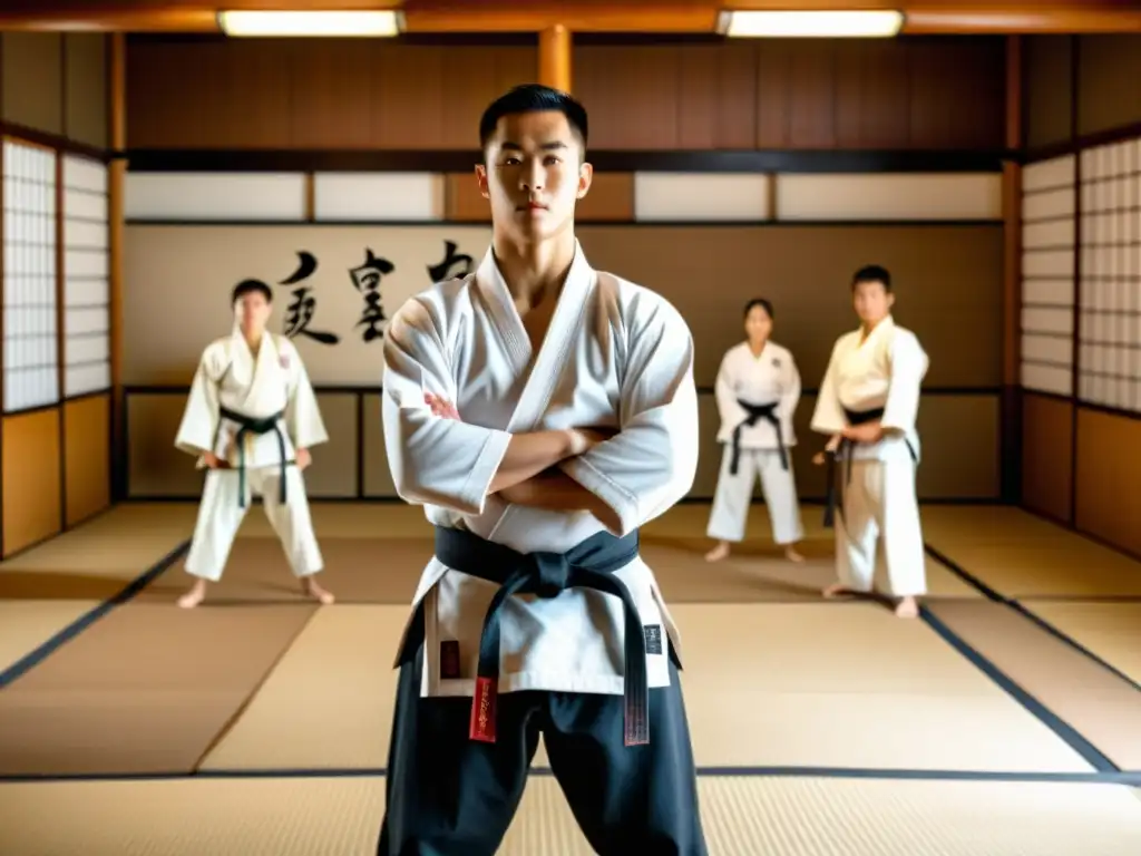 Maestro de artes marciales supervisa entrenamiento en dojo tradicional Un experto en artes marciales observa con determinación a sus estudiantes en un dojo tradicional, mientras practican técnicas variadas