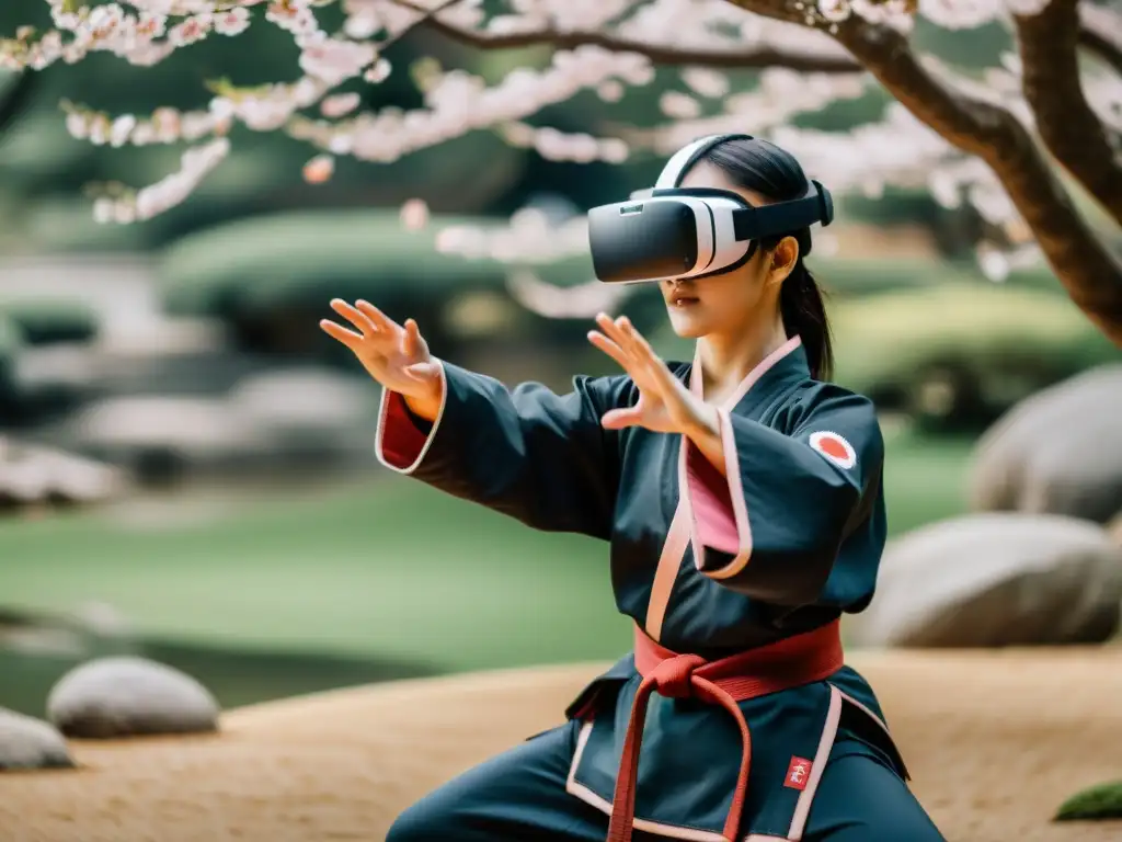 Experto en artes marciales practicando un kata en un jardín japonés virtual con cerezos en flor