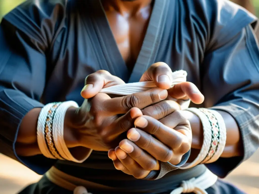 Un experto en artes marciales se prepara con determinación, envolviendo sus manos en tela tradicional