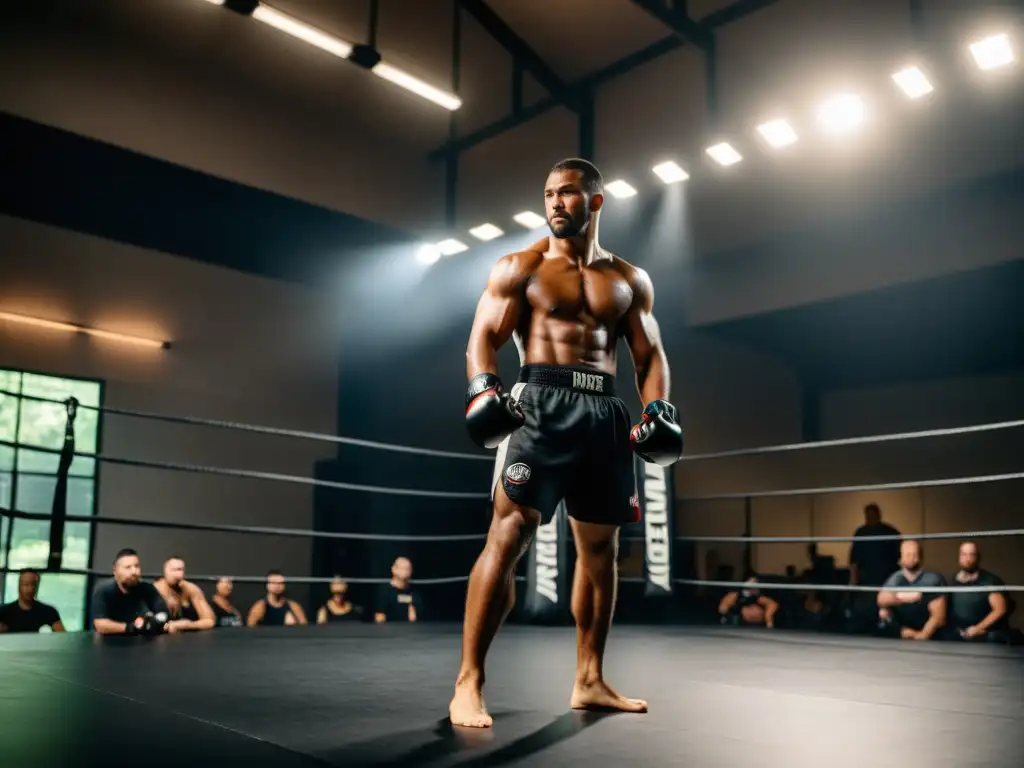 Experto en artes marciales mixtas imparte seminario en gimnasio oscuro, captando la intensidad del entrenamiento de campeones