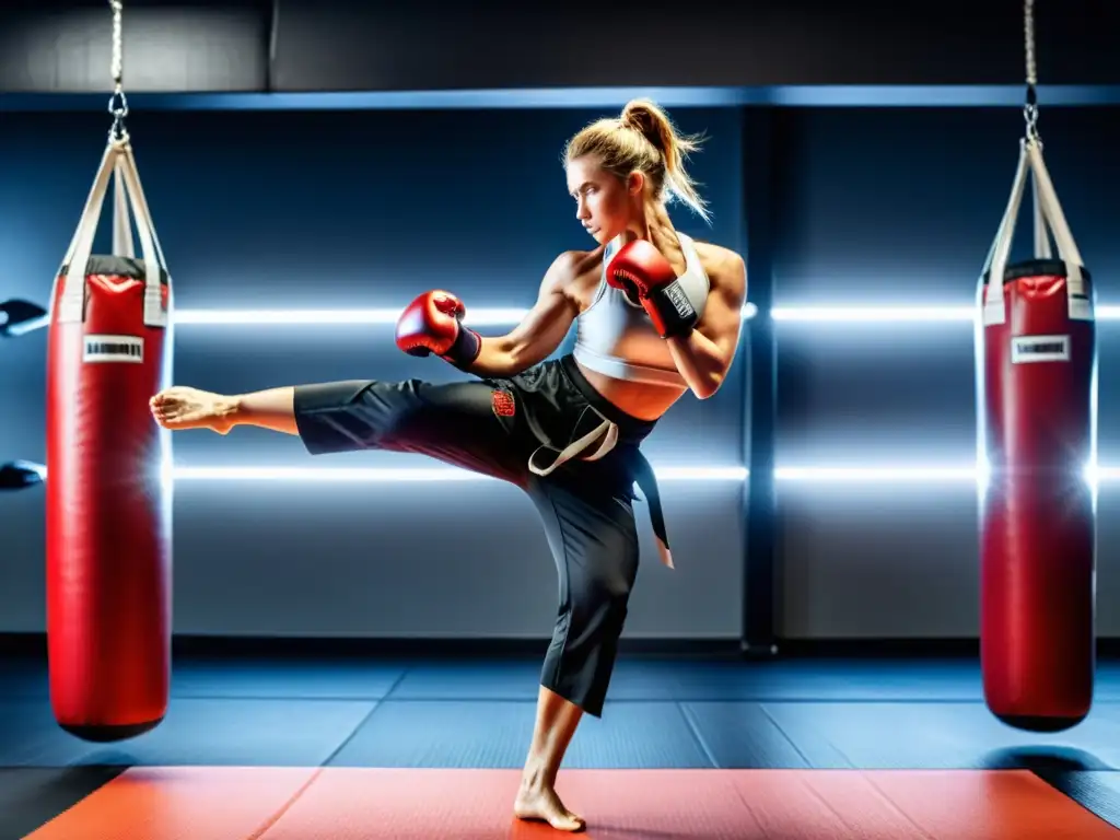 Un experto en artes marciales practica movimientos dinámicos en un moderno gimnasio, destacando la concentración y precisión