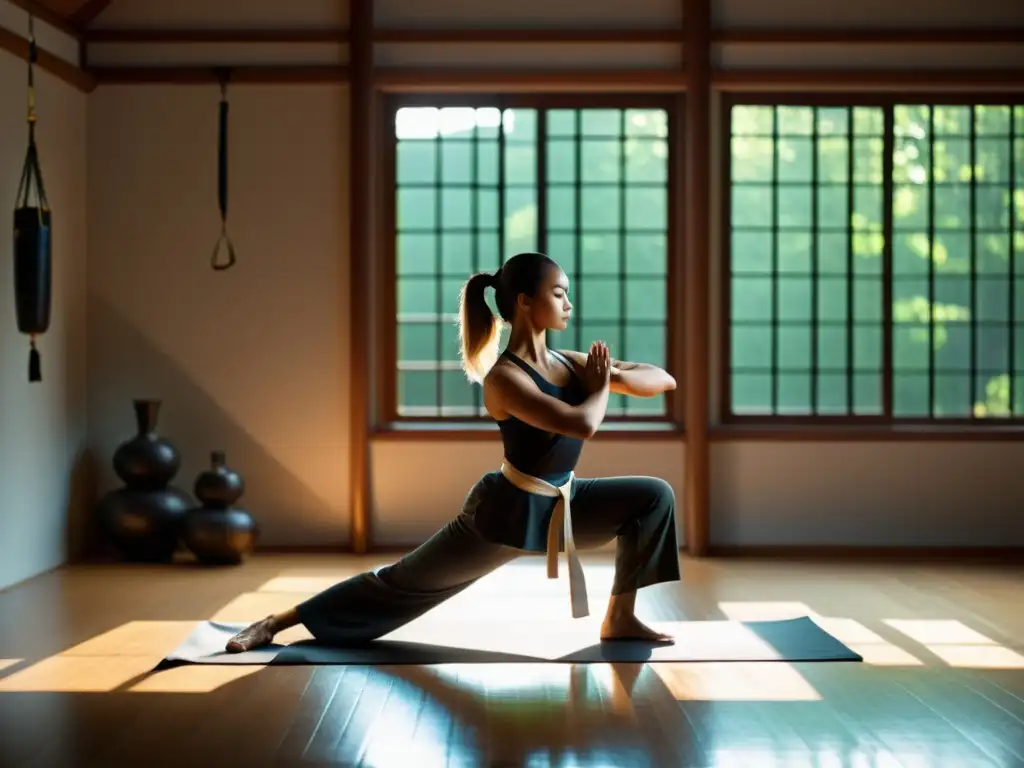 Un experto en artes marciales ejecuta una postura de yoga perfecta en un estudio sereno y tenue, rodeado de armas y símbolos tradicionales