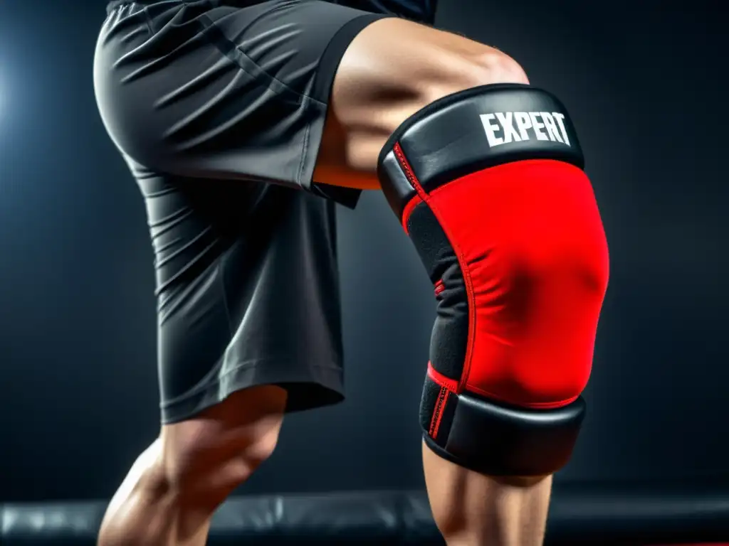Un experto en artes marciales ejecuta una potente patada giratoria, usando rodilleras para artes marciales intensas