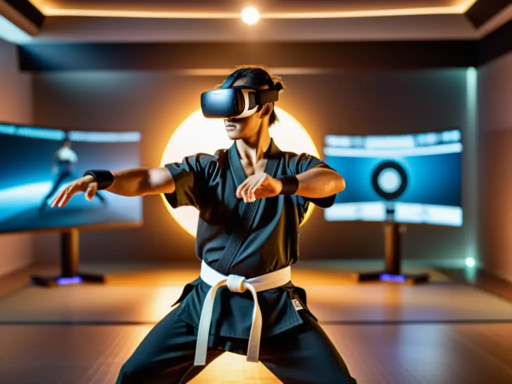 Experto en artes marciales con realidad virtual Experto en artes marciales usando realidad virtual para análisis de movimientos, en un estudio dinámico e inmersivo
