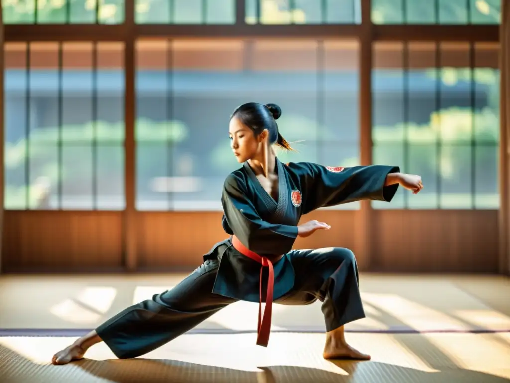 Experto en artes marciales realiza un split perfecto en un dojo tradicional, demostrando fuerza y flexibilidad