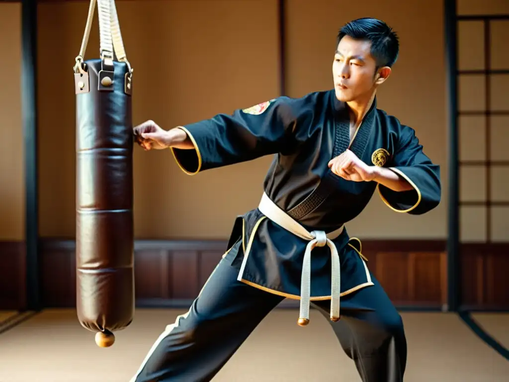 Un experto en artes marciales demuestra técnicas de Wing Chun con un dummy de madera