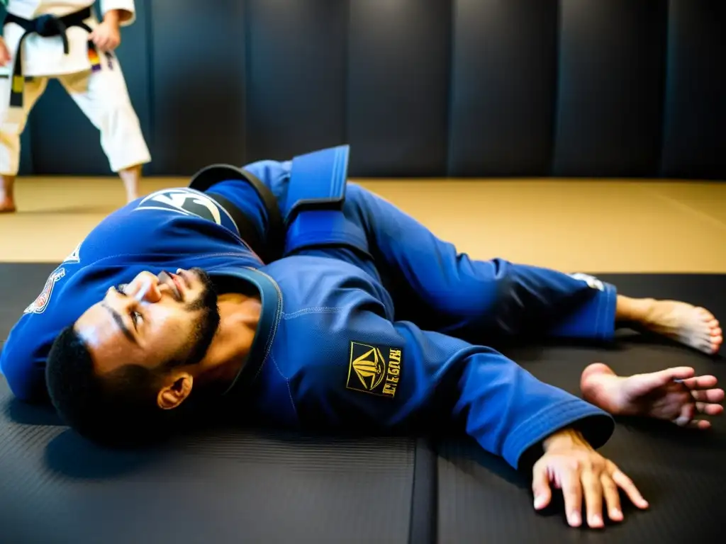 Un experto en JiuJitsu Brasileño demuestra la posición 'guardia araña' con precisión técnica