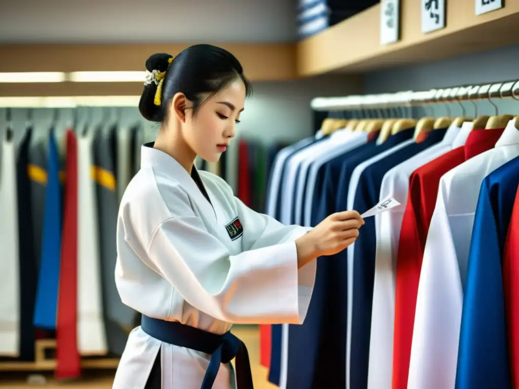 Un experto examina detalladamente un Dobok Taekwondo en una tienda, transmitiendo la importancia de elegir sabiamente