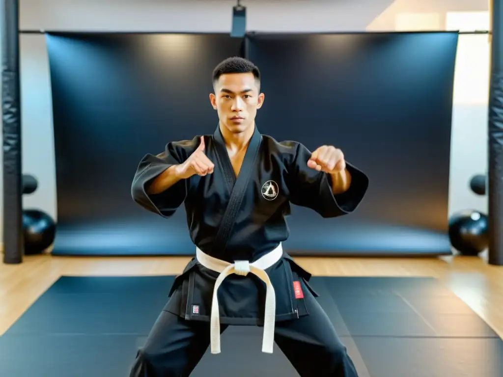 Experto instructor de artes marciales en línea, demostrando movimientos precisos en un estudio bien iluminado, fusionando tradición y tecnología