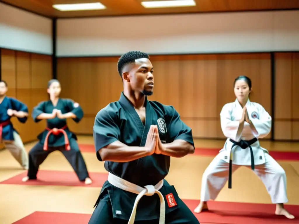 Experto instructor de artes marciales enseña técnicas de estiramiento a estudiantes en un dojo espacioso y bien iluminado