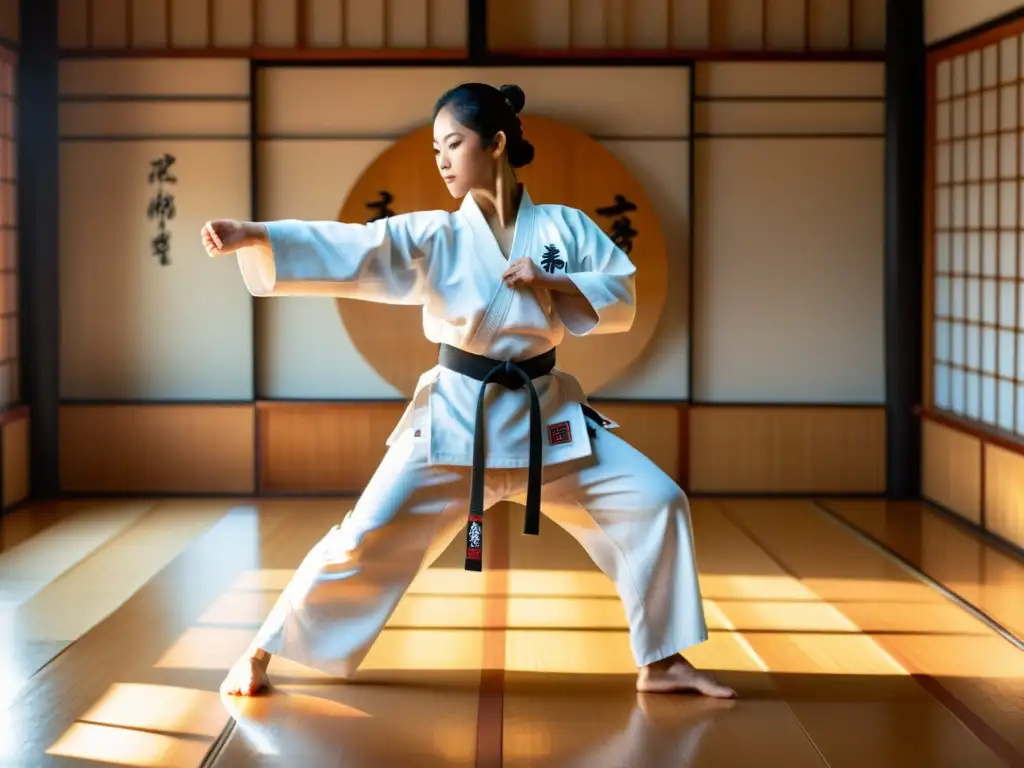 Un experto instructor de karate, con gi blanco, realiza una kata en un dojo sereno mientras los rayos de sol iluminan el espacio