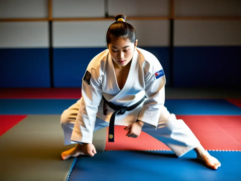 Un experto en judo ejecutando una técnica avanzada con determinación en un dojo