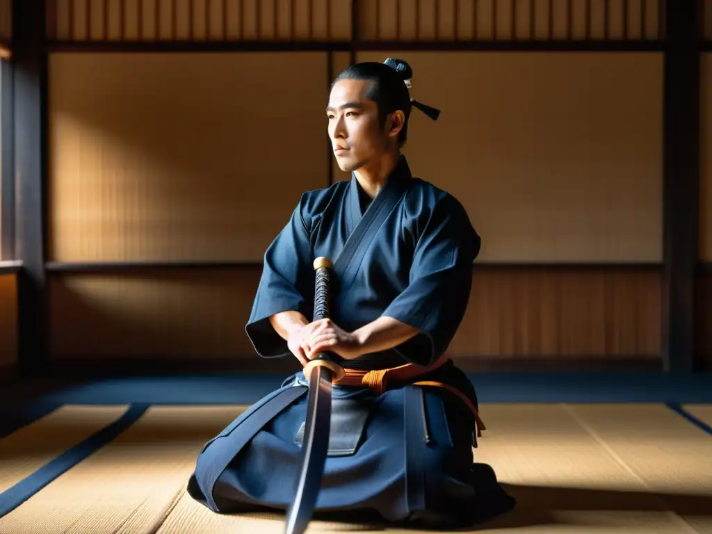 Un experto en kendo con una espada brillante en un dojo tradicional, evocando la tradición y la destreza de las mejores espadas de Kendo