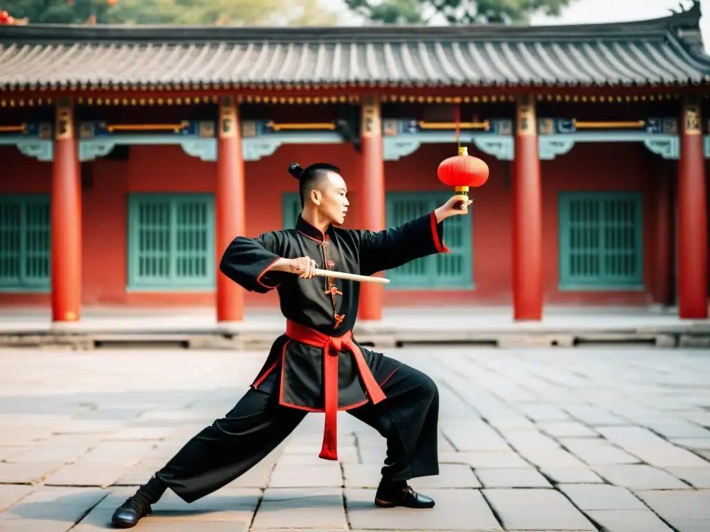 Un experto en Kung Fu maneja un largo bastón con gracia y precisión en un patio tradicional chino