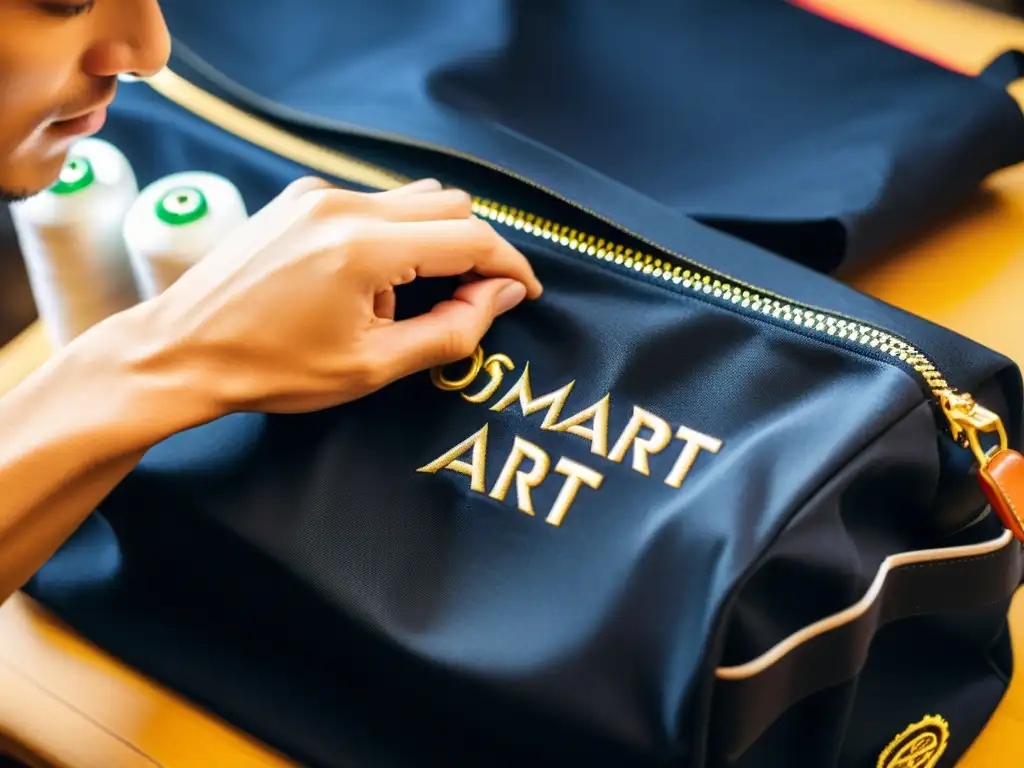 Un experto borda con meticulosidad un logotipo personalizado en una bolsa de transporte de alta calidad para equipo de artes marciales