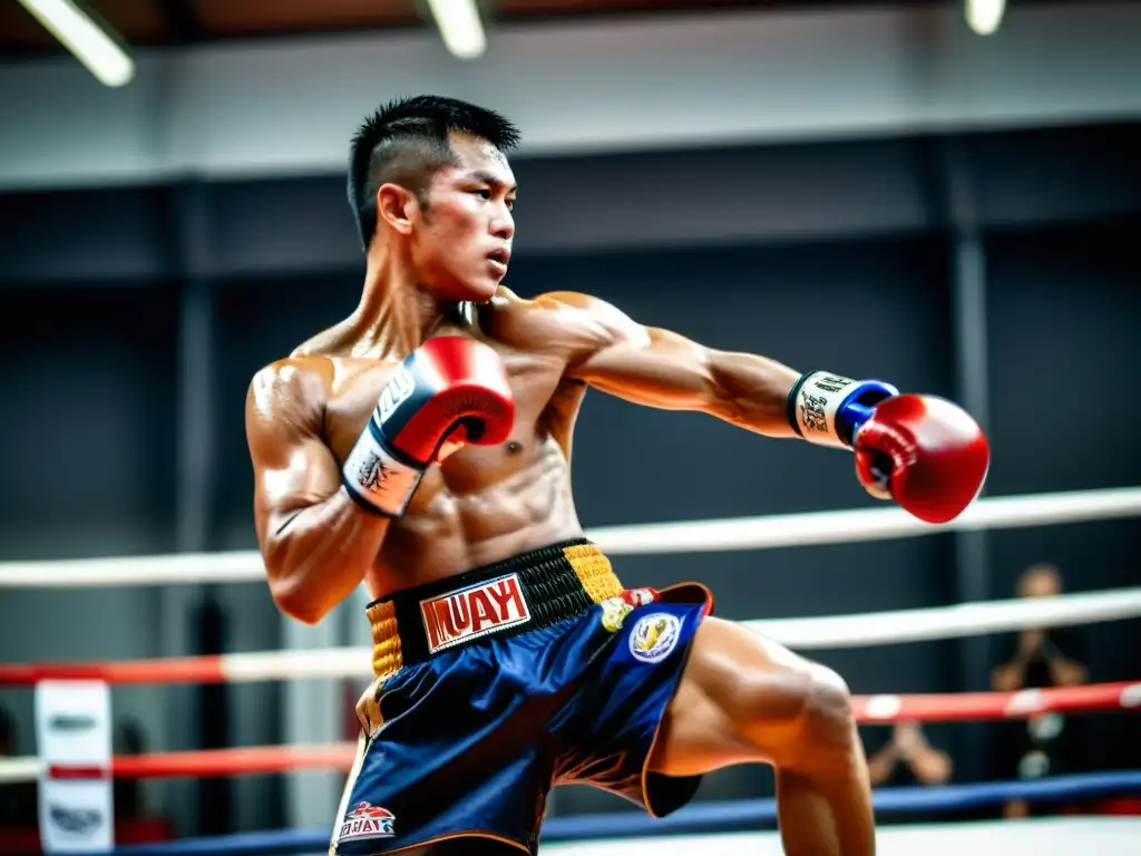 Experto en Muay Thai adaptando movimientos para defensa personal con determinación y destreza en gimnasio tradicional