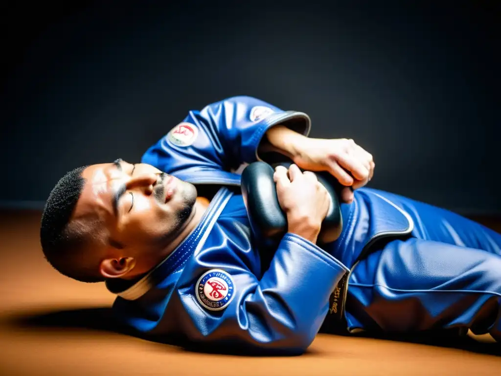 Un experto en Brazilian JiuJitsu realiza un perfecto armbar en un muñeco de entrenamiento, en un gimnasio bien equipado