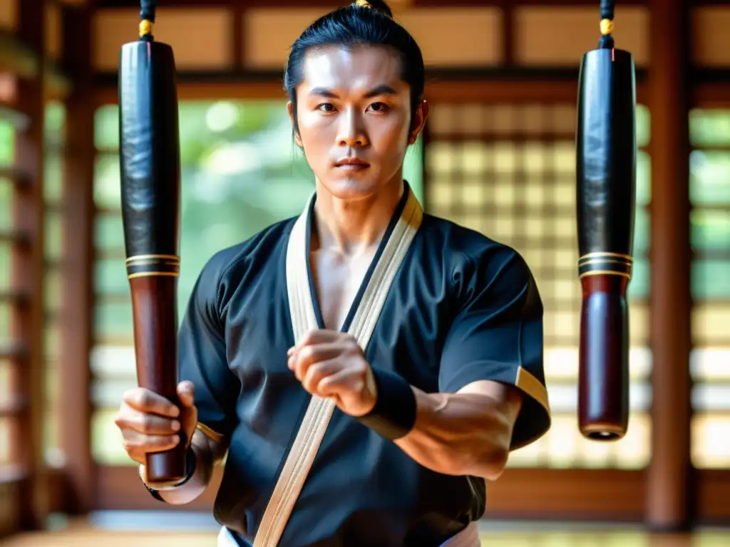 Un experto practicante de artes marciales muestra maestría con nunchakus en un dojo tradicional