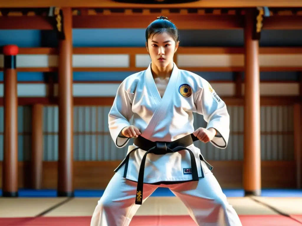 Un experto practicante de taekwondo se prepara para un movimiento en un dojang tradicional, con determinación en su mirada y músculos tensos