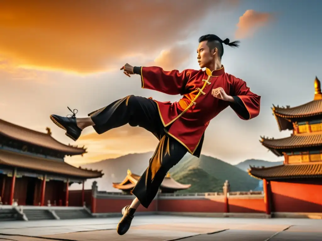 Un experto en Kung Fu ejecuta un salto espectacular frente a un templo chino al atardecer, reflejando la esencia del Kung Fu en el cine actualidad