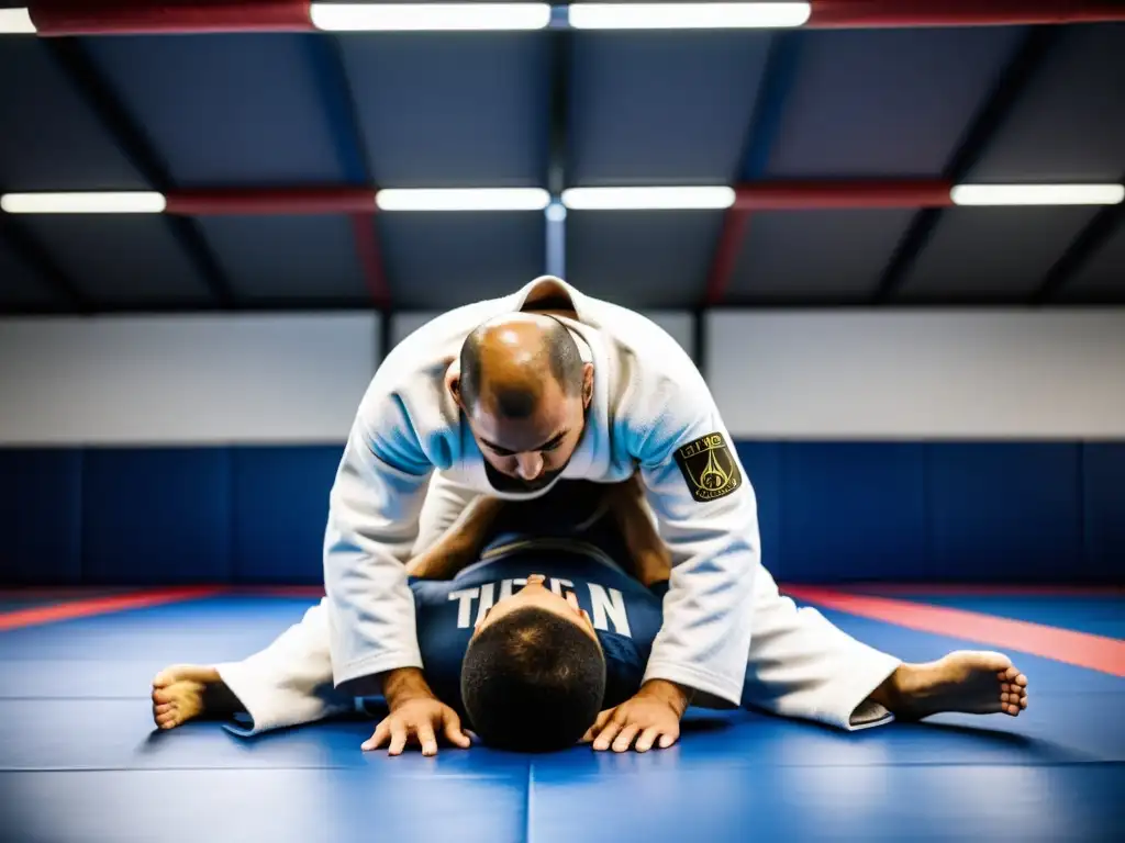 Experto en JiuJitsu demostrando una técnica de agarre en un centro de entrenamiento espacioso y bien iluminado