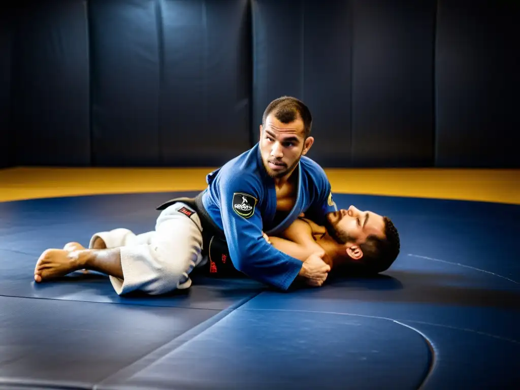 Un experto en Brazilian Jiu-Jitsu muestra técnicas de suelo con determinación, en un gimnasio auténtico y dinámico