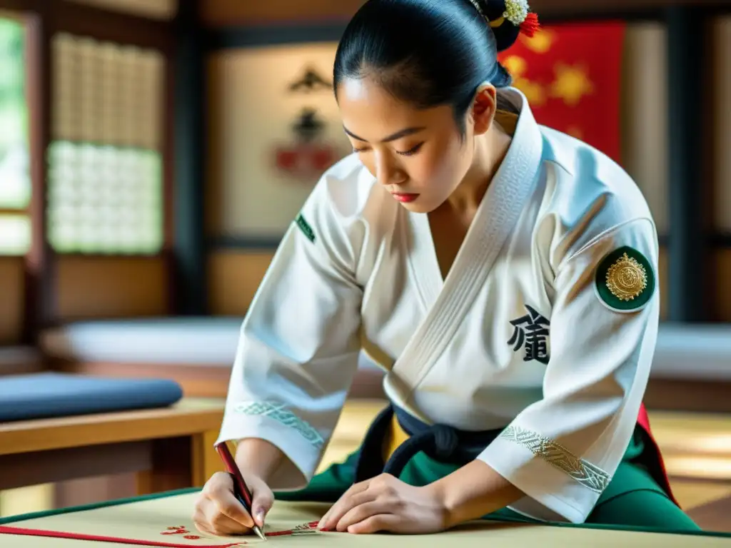 Un experto borda un uniforme de artes marciales en un dojo tradicional, reflejando la fusión de arte y disciplina