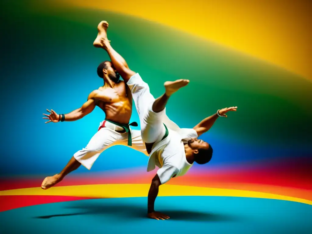 Dos expertos practicantes de Capoeira compiten en una roda, mostrando movimientos acrobáticos y pasión