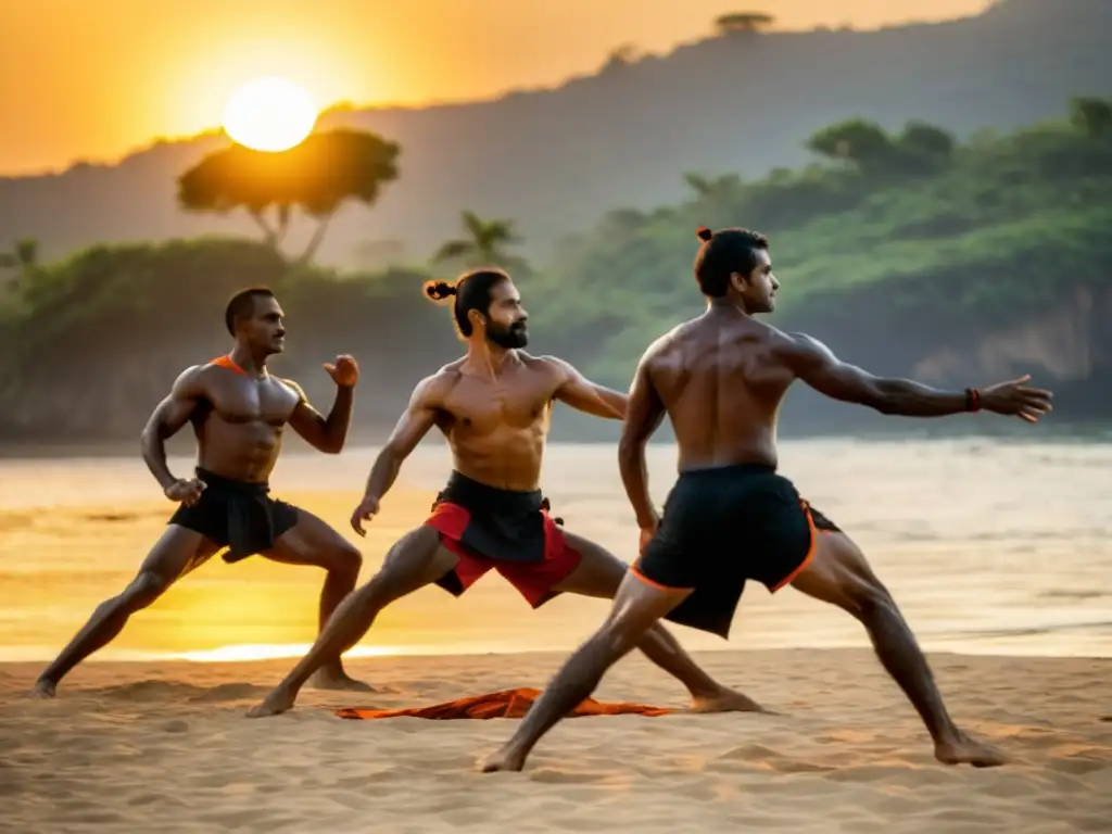 Expertos en Hollywood practican técnicas de Kalaripayattu al atardecer, demostrando la influencia del Kalaripayattu en el cine de acción