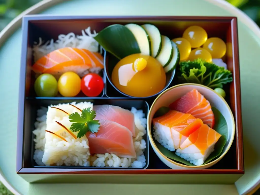 Una exquisita bento japonés con alimentos vibrantes y nutrición para practicantes de artes marciales, en un escenario sereno