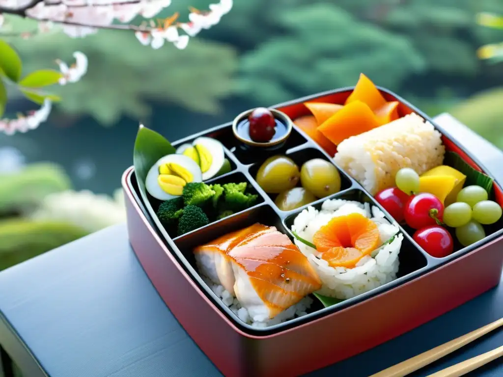 Una exquisita bento box tradicional japonesa con alimentos coloridos y nutritivos, en un jardín japonés sereno