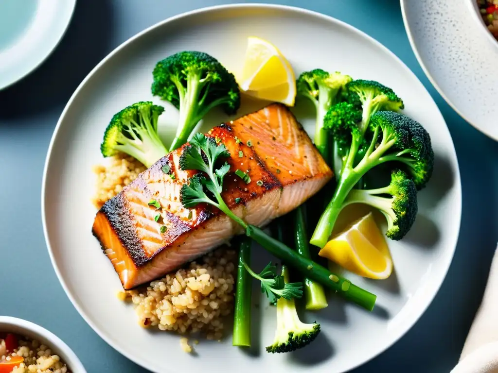 Una exquisita combinación de alimentos para atletas marciales de élite, con salmón, quinoa, vegetales, brócoli y batatas asadas