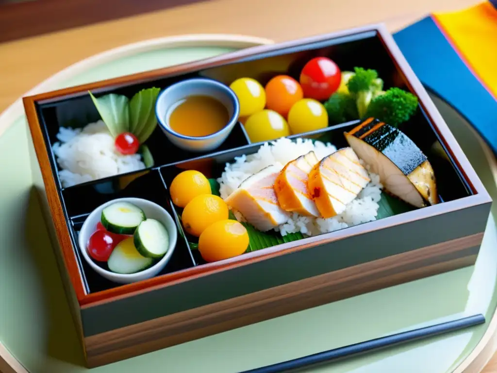 Una exquisita y detallada imagen de un tradicional bento japonés, reflejando la armonía de sabores y elementos nutricionales