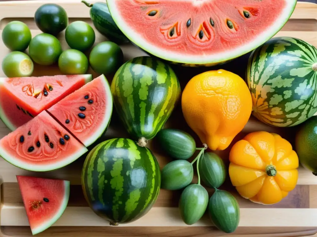 Una exquisita mezcla de frutas y verduras en una tabla de cortar de madera