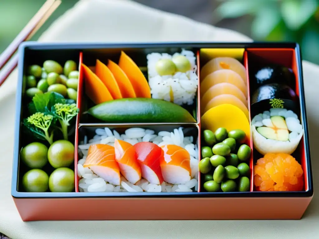 Una exquisita y variada selección de alimentos japoneses en un bento, con un fondo de jardín sereno