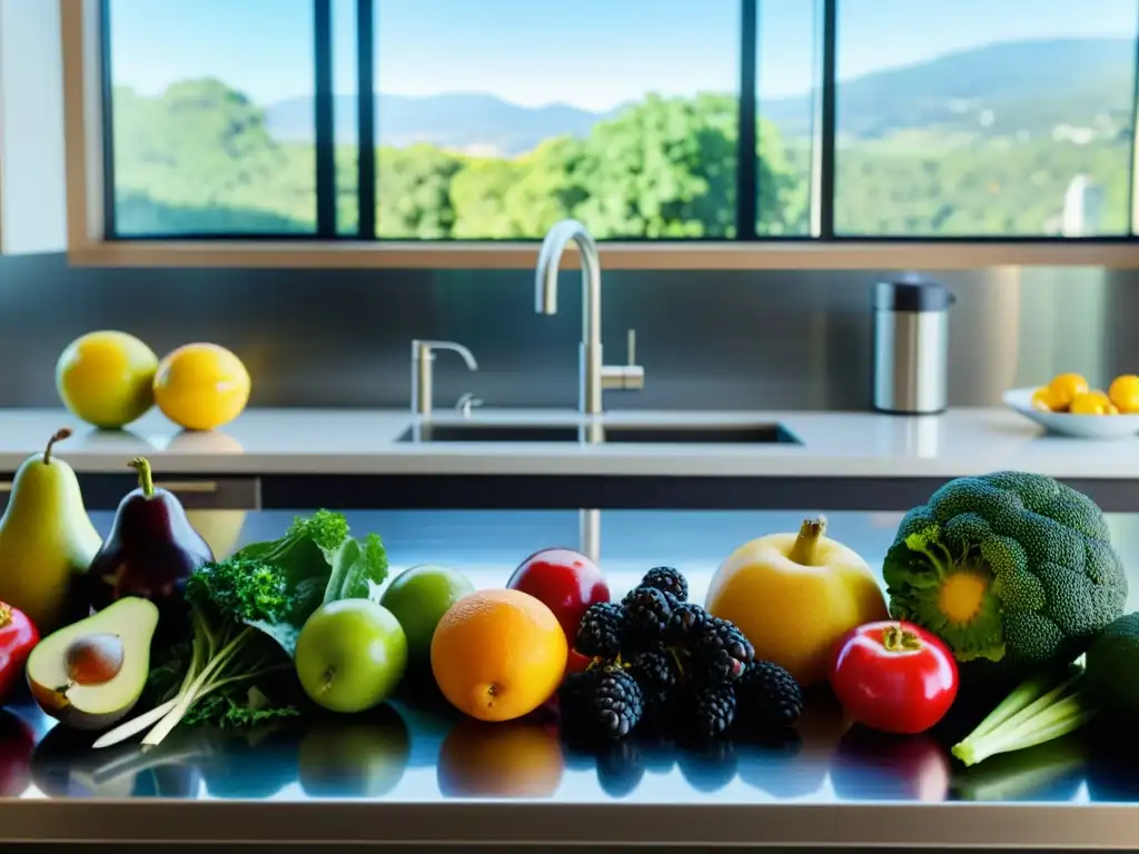 Una exquisita variedad de alimentos frescos y coloridos en una cocina moderna, listos para preparar comidas nutritivas