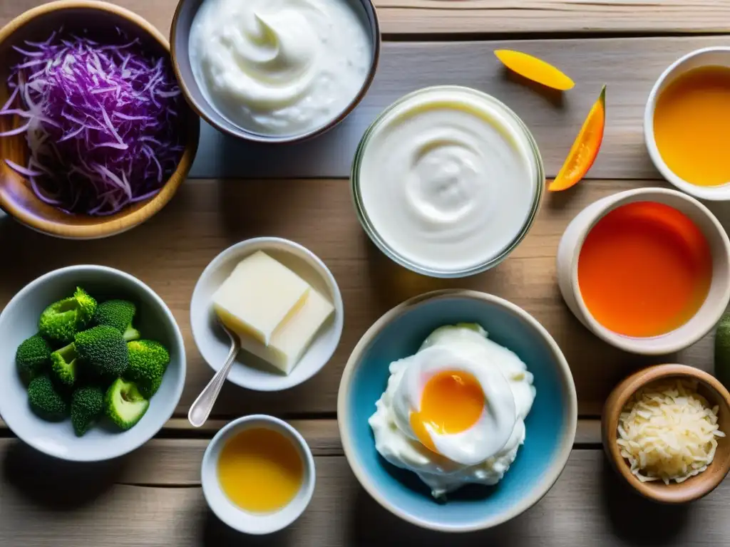 Una exquisita variedad de alimentos probióticos en una mesa rústica