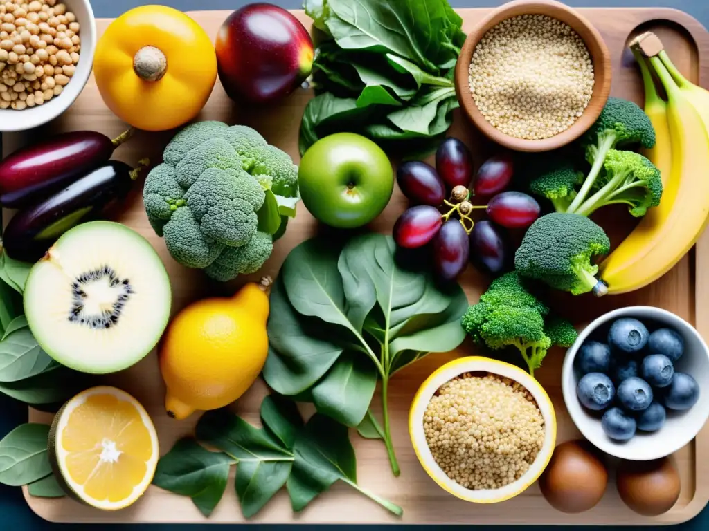 Una exquisita variedad de alimentos saludables y coloridos en una tabla de cortar de madera