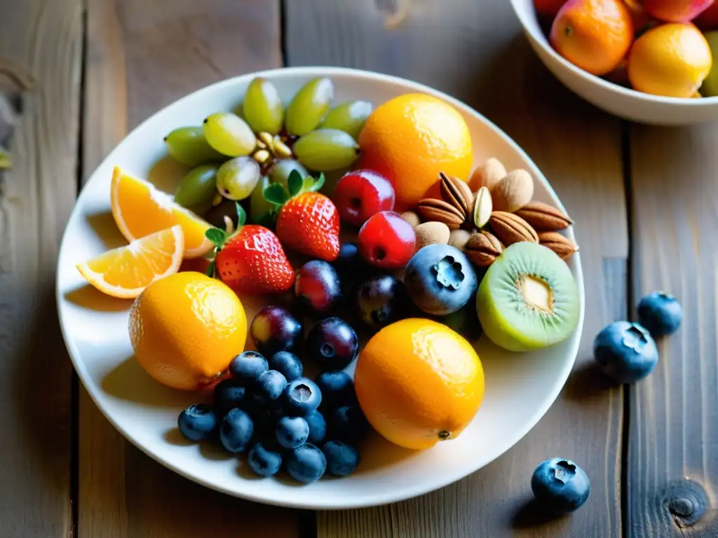 Una exquisita variedad de frutas y frutos secos, iluminada por la luz natural, evocando alimentos que mejoran la concentración