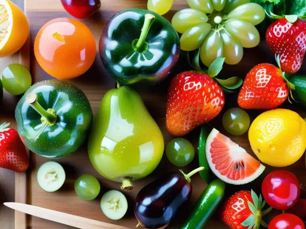 Una exquisita variedad de frutas y verduras frescas y vibrantes dispuestas de forma artística en una tabla de cortar de madera