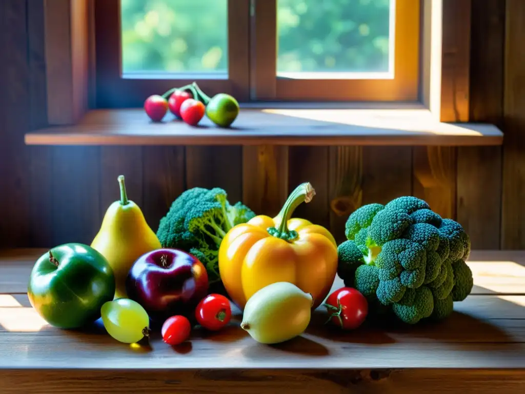 Una exquisita variedad de frutas y verduras frescas, bañadas por la cálida luz del sol, evocando la nutrición para mejorar el Ninjutsu