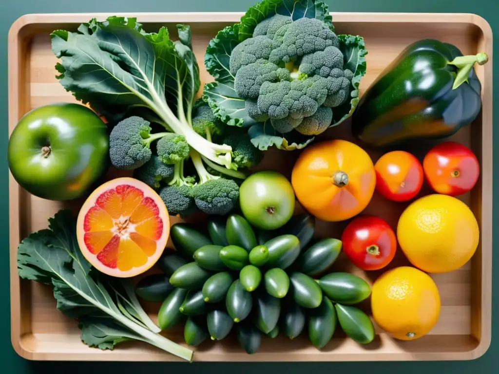 Una exquisita variedad de frutas y verduras orgánicas, dispuestas con armonía en una tabla de cortar